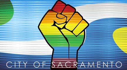 Shiny LGBT Protest Fist on a Sacramento Flag - Illustration,
Abstract grunge Sacramento Flag and LGBT flag