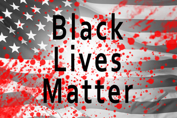 The American flag is spattered with blood. The US flag in black and white and a racist inscription....