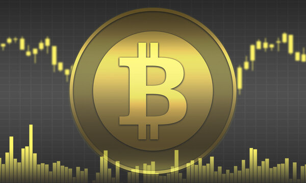The concept of bitcoin. Cryptocurrency. Bitcoin symbol close-up. Bitcoin coin on the background of charts. Cryptocurrency trading. Digital currency mining.