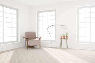 modern room with plants,lamp and armchair