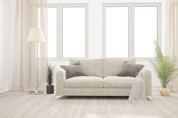 modern room with sofa,pillows,plant,lamp,curtains