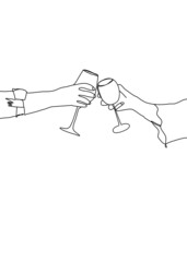 continuous line drawing, cheering, holding a glass of win. vector illustration.