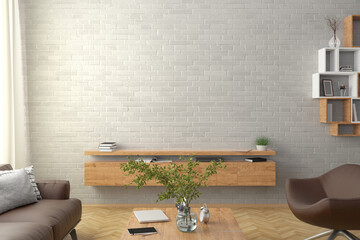 Blank white brick wall mock up in the living room. 3d rendering