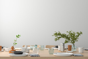 Blank white wall mock up in the dinning room with served table. 3d render - obrazy, fototapety, plakaty