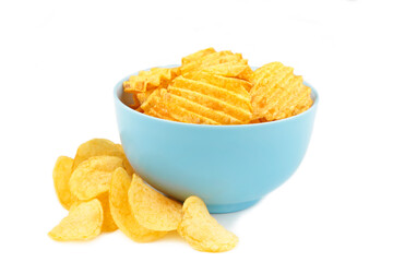 Potato chips on bowl isolated on white background