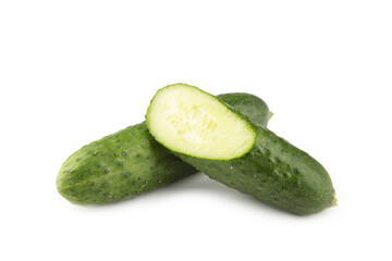 Fresh cucumber and slices isolated over white background.