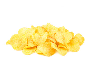 Many prepared potato chips snack isolated on white background