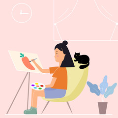 woman sitting drawing a carrot On paper in the house, Flat style illustrations, The girls draw and paint at home, Vector illustration of a woman painting at home