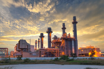 Power plant Energy power station area, Gas turbine electrical power plant during sunset and twilight time - obrazy, fototapety, plakaty