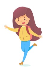 Smiling schoolgirl with backpack running to school