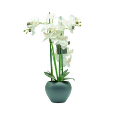 An artificial flower in an anthracite-colored flowerpot, studio shot, isolated on white background