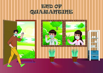 Concept of ending -Covid-19 Coronavirus pandemic is over, Throw masks in the air celebrate the end of quarantine Lockdown end inscription Ending quarantine. Quarantine canceled.