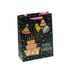 Black birthday bag with a colorful print, studio shot, isolated on white background