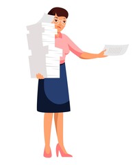 Sad unhappy secretary with paper pile on white