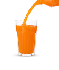 Pour orange juice in glass on white background