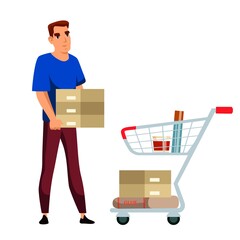 Man customer character bringing constructional material putting glue, stoneware tile floor or wall coating into shopping trolley cart. Stand showcase with goods. Vector illustranion.