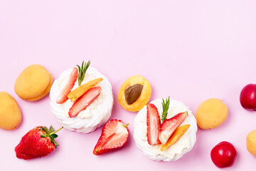Background with Homemade Pavlova Meringue Cake Decorated with Fresh Berries and Whipped Cream Dessert Horizontal Top View Copy Space