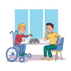 Disabled and healthy children friend playing chess