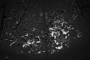 black-and-white background image of an umbrella in raindrops close-up