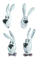 Watercolor emotions rabbits isolated on a white background. Stylized and simplified rabbits for the perception of children. Go for children's products, printing on mugs, T-shirts, textiles.