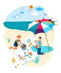 Vector man and woman rest having picnic on beach