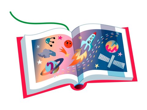 Children's book on astronomy, open pages with images of planets