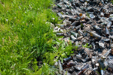 Garbage dump of burnt glass bottles on a green grass field. Clean and polluted nature. Concept