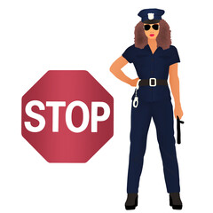 Female policeman showing stop hand gesture. Serious policewoman with stop gesture. Freehand drawing illustration on white background