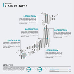 Japan country map infographics vector with pointer marks and circle chart template. Infographics layouts. Vector illustration