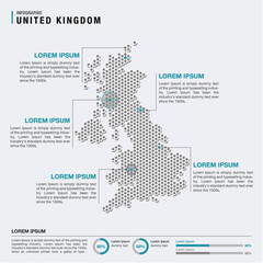United Kingdom (UK) country map infographics vector with pointer marks and circle chart template. Infographics layouts. Vector illustration