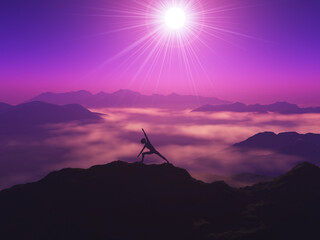 3D female in a yoga pose on a mountain against a purple sunset sky