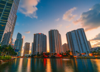Fototapeta na wymiar Miami florida Brickell key skyline at sunrise buildings architecture vacation 