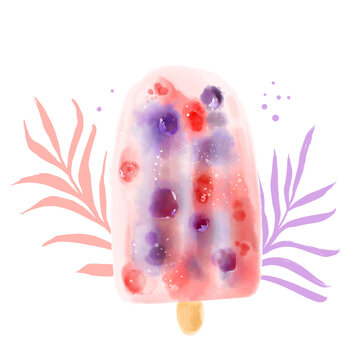 Berry popcicle, watercolor illustration of frozen fruit summer dessert. Vector banner with tropical leaves. Artistic hand drawn healthy summer snack.