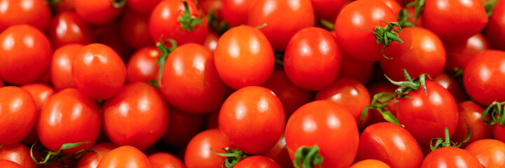 a pile of vegetables red mini tomatoes as background. banner