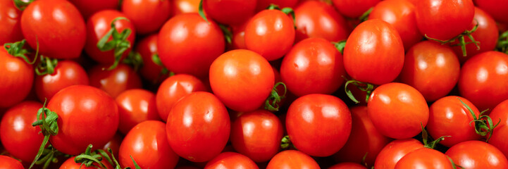 a pile of vegetables red mini tomatoes as background. banner