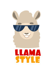 Funny cartoon Llama with sunglasses on. Cartoon character with fun text the Llama style. Cartoon animal illustration