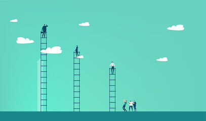 Successful businessman stands hight up on the ladder and looking for new business opportunities. Start up, developing business  © IRStone