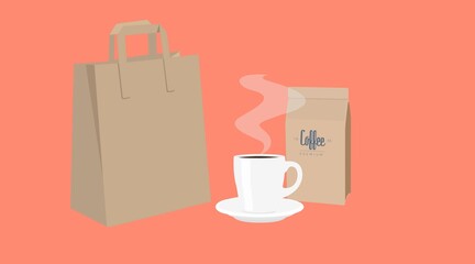 Vector Isolated Take Away Coffee Set, with a paper bag, a cup of coffee and a bag of coffee