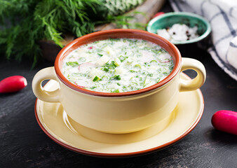 Okroshka. Cold summer soup with yogurt and vegetables in bowl.