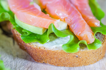 Two sandwiches with salmon, green salad and avocado closeup