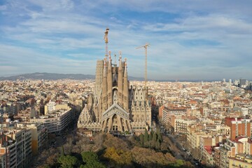 4k photo Barcelona City Sagrada Familia  drone Aerial view of Barcelona, Catalunya, Spain, Europe