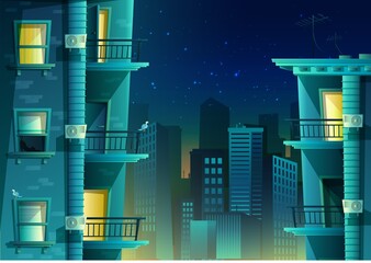 Vector cartoon style night city on blue light. Building with many floors and windows with balconies.