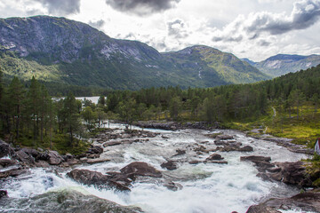 River and mountains along the Gaularfjelet Road in Norway