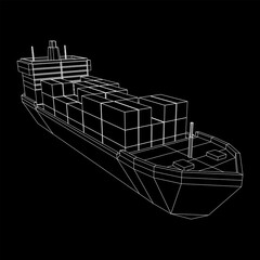 Heavy dry cargo ship of bulk carrier with freight containers. Wireframe low poly mesh vector illustration.