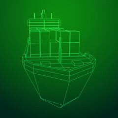 Heavy dry cargo ship of bulk carrier with freight containers. Wireframe low poly mesh vector illustration.