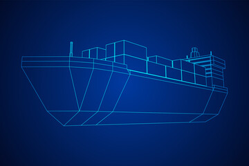 Heavy dry cargo ship of bulk carrier with freight containers. Wireframe low poly mesh vector illustration.