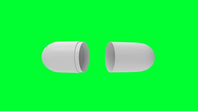 3D animation of one white medical capsule opens into two halves isolated on a green screen. 4K resolution.