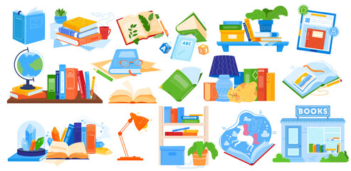 Obraz premium Reading books vector illustration. Cartoon flat collection with opened or closed notebook, paper textbook encyclopedia for school home education, literature in bookstore or library isolated on white