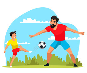 Dad and son play football in park, play sports game