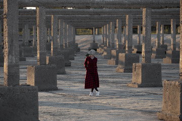 Girl in a gas mask, location, bright dress, face mask, pocapocalypse, coVID-19 quarantine, human...